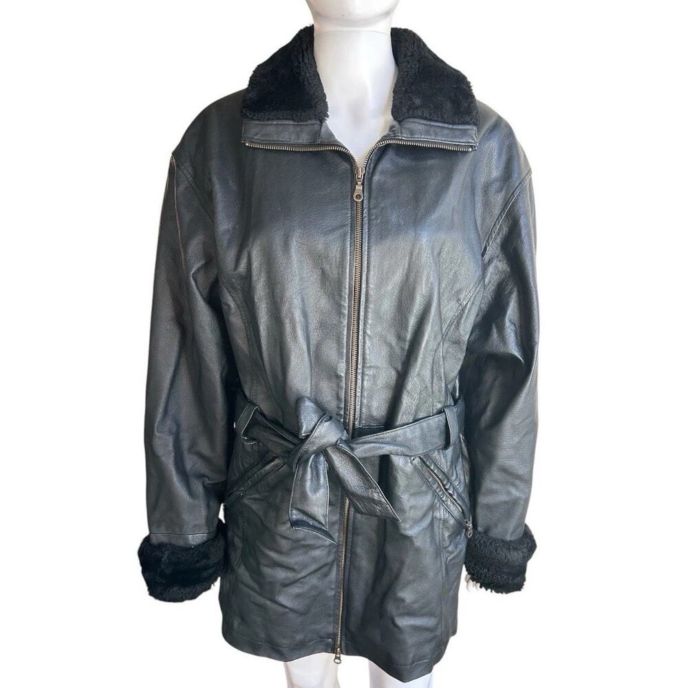 Wilsons Leather Womens M Black Belted Coat Thinsulate Faux Fur Trim Y2K